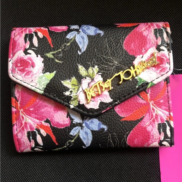 Betsey Johnson XOLANA Bi-Fold Flap Wallet Black Multicolored Floral Print NWT - Picture 3 of 13
